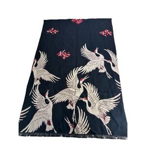 Japanese Flying Crane Scarf Black Red White Bird Floral Wrap